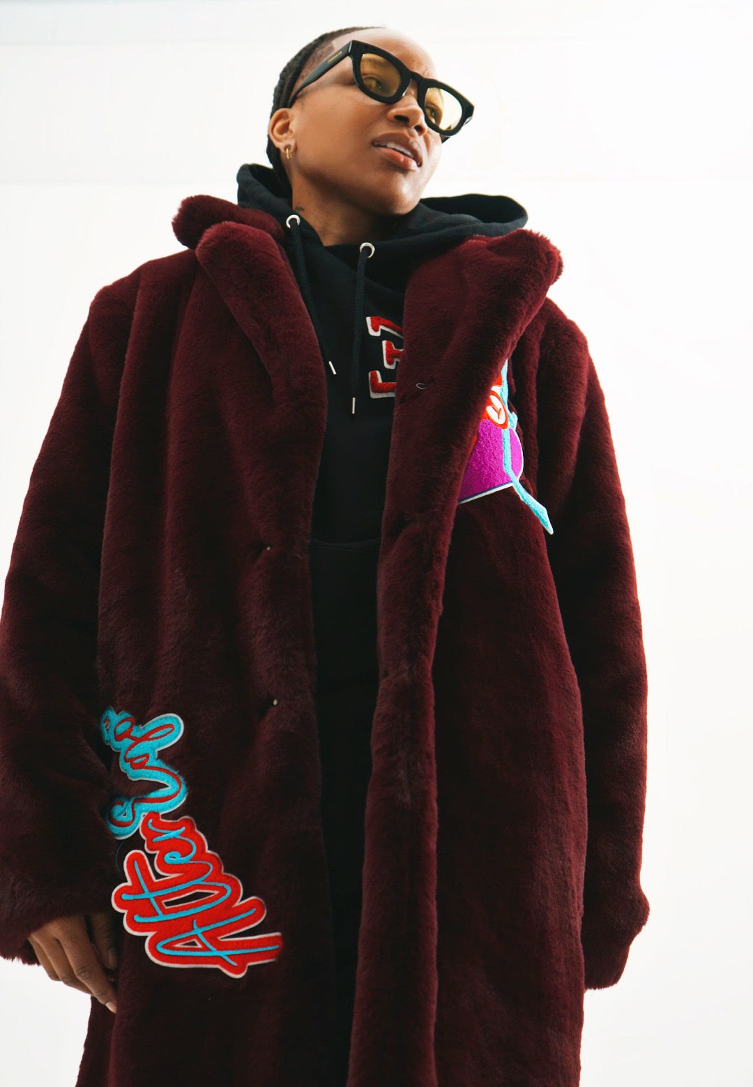 burgundy faux fur coat